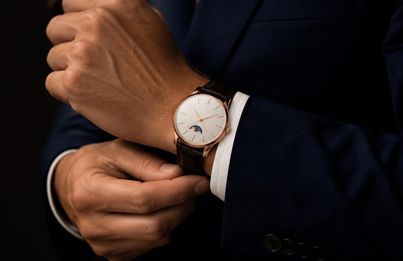 Reloj mecánico en acabado oro rosa en la muñeca, bajo el puño de una camisa